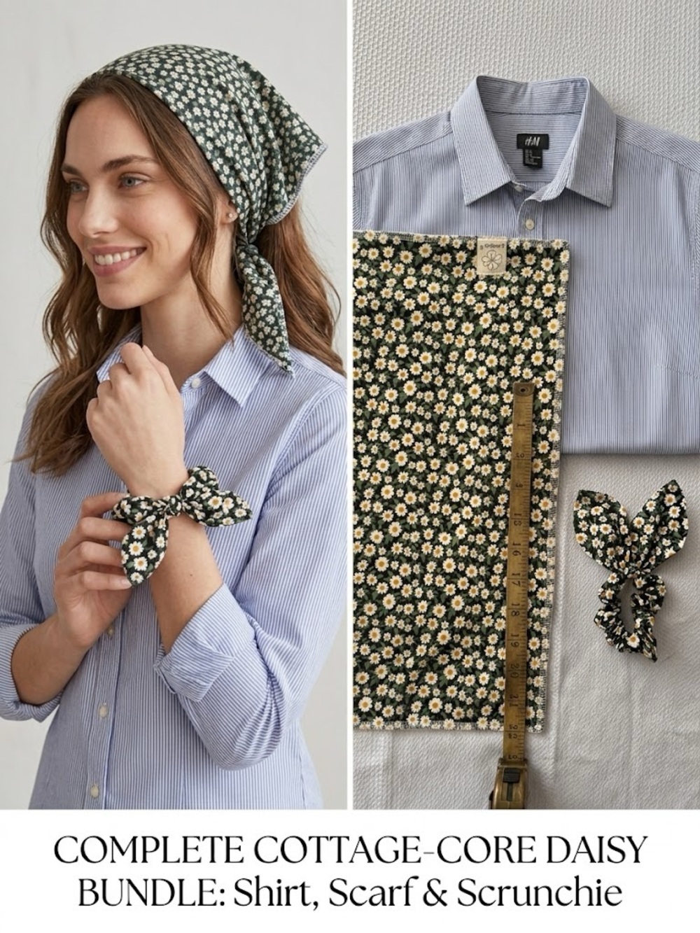 3pc Cottagecore Daisy Bundle: H&M Striped Shirt L, Floral Scarf & Scrunchie